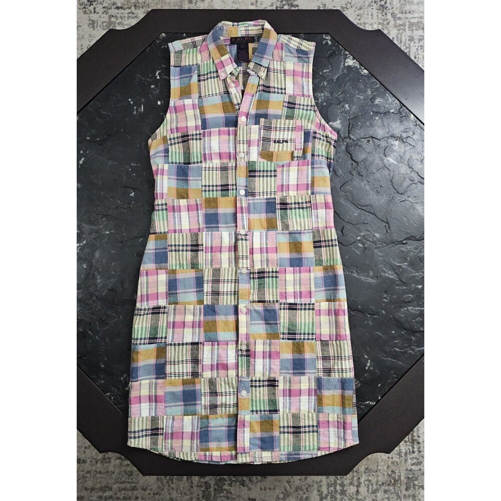 Vintage Ralph Lauren Madras Patchwork Shirt Dress Plaid S Polo 90s Y2K Coastal